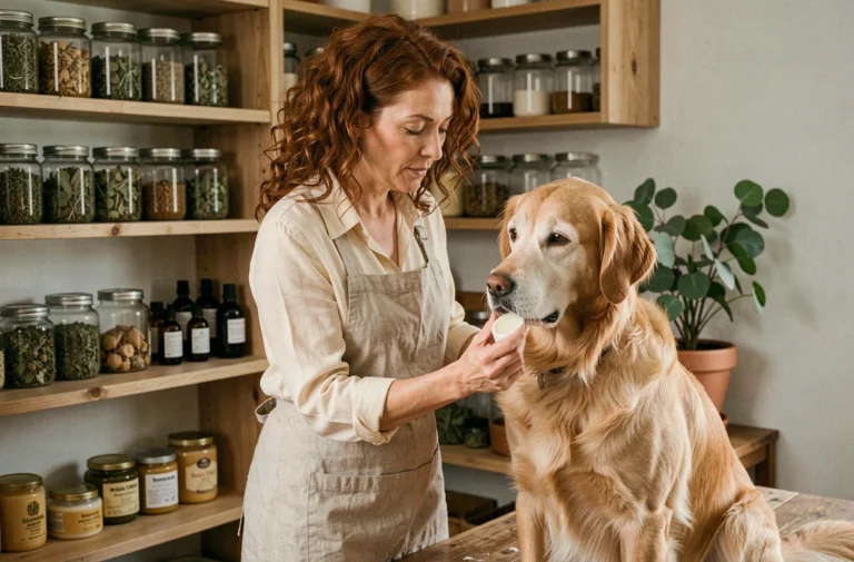 Femme appliquant un soin naturel à base de plantes sur un golden retriever calme dans un espace bien-être maison