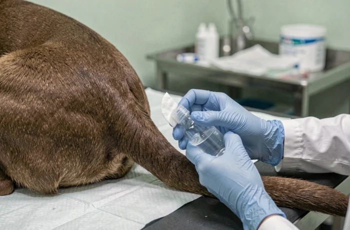 Gros plan sur les soins vétérinaires préventifs des glandes anales d'un labrador en clinique