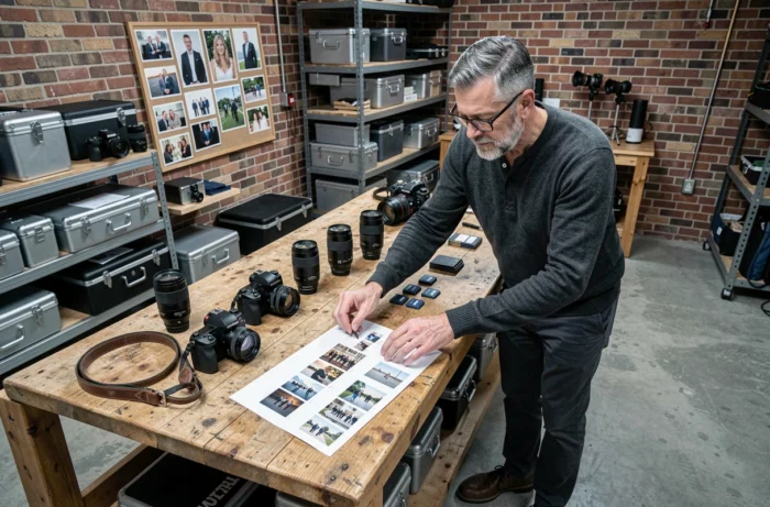 Photographe événementiel professionnel préparant son matériel photo dans un studio créatif avec mur en briques apparentes
