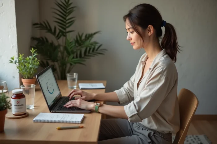 Femme consultant son suivi de régime Indiva System sur ordinateur avec compléments alimentaires sur un bureau en bois