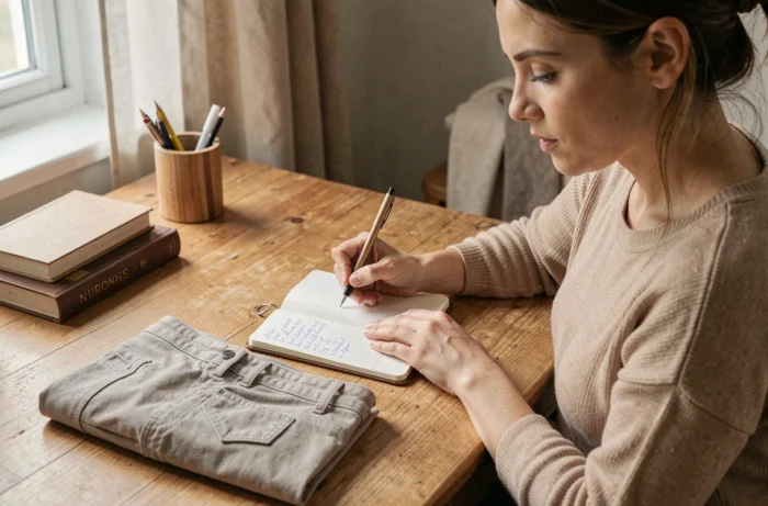 Femme notant dans un carnet les tenues portées chaque jour pendant deux semaines pour suivre ses habitudes vestimentaires