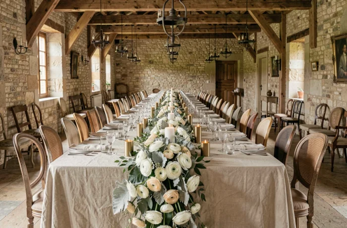 Table d'honneur en banquet allongé dans un château en pierre, décorée d'un runner floral de renoncules blanches et de verdure avec des chandeliers en laiton