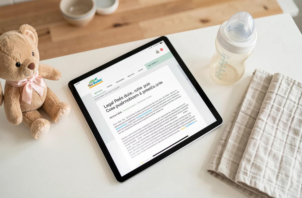 Tablette affichant les mentions légales d'un site de puériculture posée à côté d'accessoires pour bébé