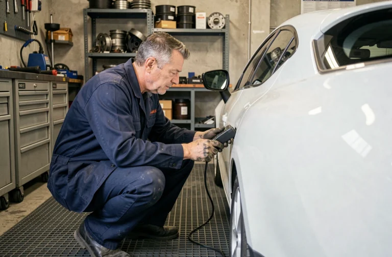 Technicien automobile connectant un scanner OBD2 sous le tableau de bord d'une Renault pour diagnostiquer le code défaut DTC038061