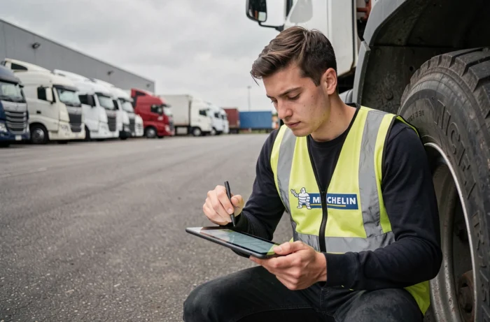 Tecnico Michelin che ispeziona pneumatici per camion in un parco logistico esterno con un tablet