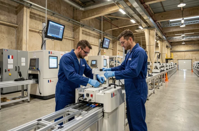 Techniciens assemblant un dispositif d'imagerie médicale sur une ligne de production dans une usine française de haute technologie