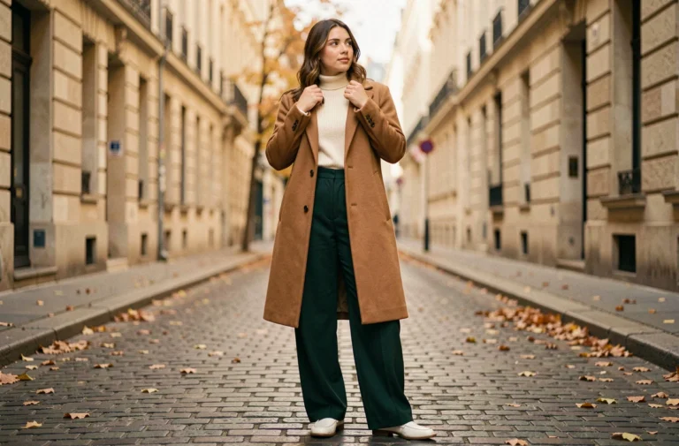 Femme élégante portant un manteau camel et un pantalon large vert forêt dans une rue pavée parisienne en automne, style mode tendance