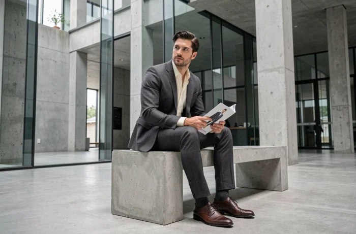 Homme en costume gris élégant assis dans un atrium moderne en verre et béton, tenant un magazine de mode, style vestimentaire contemporain