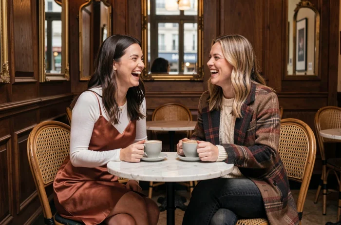Deux femmes élégamment habillées aux tendances automne-hiver, riant autour d'un café dans un bistrot parisien chaleureux