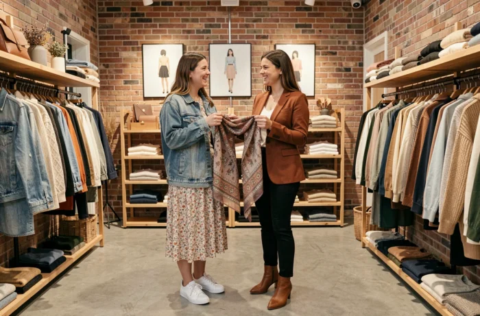 Deux femmes aux styles tendance différents qui font du shopping ensemble dans une boutique de mode concept store au décor en brique, découvrant des accessoires