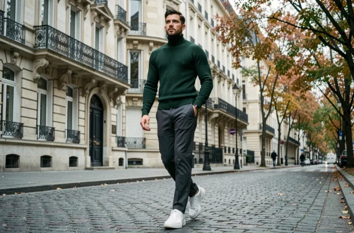 Homme stylé en pull col roulé vert et chinos gris marchant sur des pavés dans une rue urbaine européenne en automne