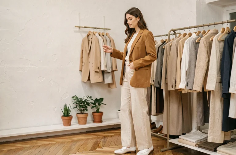 Jeune femme élégante en blazer camel et pantalon large crème feuilletant des vêtements dans une boutique de mode parisienne minimaliste