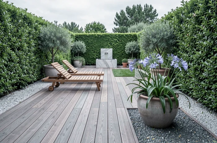 Terrasse de jardin moderne avec mobilier en teck, plantes méditerranéennes en pot et bassin en pierre sur une surface en bois composite