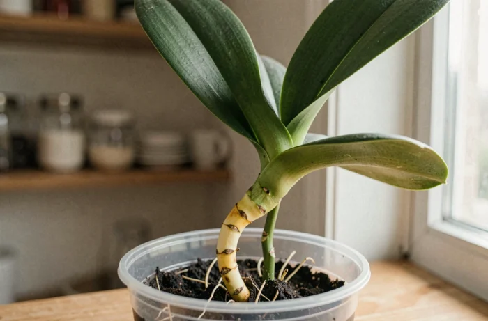 Tige d'orchidée qui jaunit sur un rebord de fenêtre en bois, gros plan révélant la décoloration et les racines aériennes dans un pot transparent