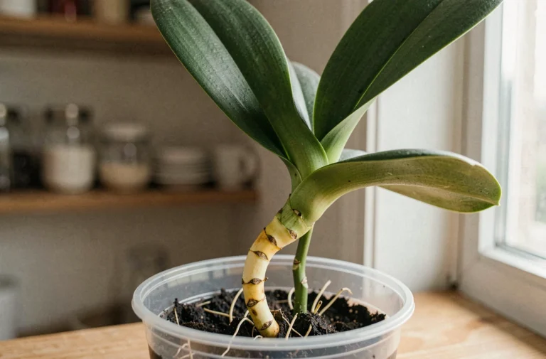 Tige d'orchidée qui jaunit sur un rebord de fenêtre en bois, gros plan révélant la décoloration et les racines aériennes dans un pot transparent
