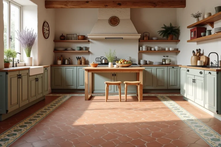 Cuisine provençale avec tomettes anciennes en terre cuite et carrelage de bordure moderne en ciment, contraste harmonieux entre ancien et contemporain