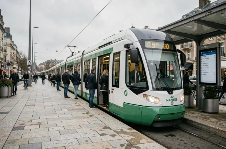 Tram ligne 2 à l'arrêt dans le centre-ville de Nantes avec passagers qui montent à bord