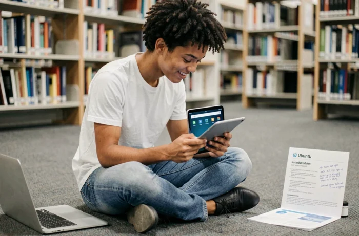 Jeune étudiant tenant une tablette avec Ubuntu Touch installé avec succès dans une bibliothèque universitaire
