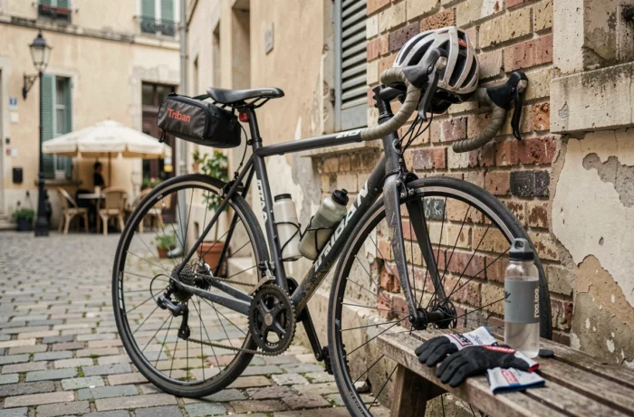 Vélo Triban RC 120 garé contre un mur de briques usé dans une cour urbaine française avec équipements de cyclisme