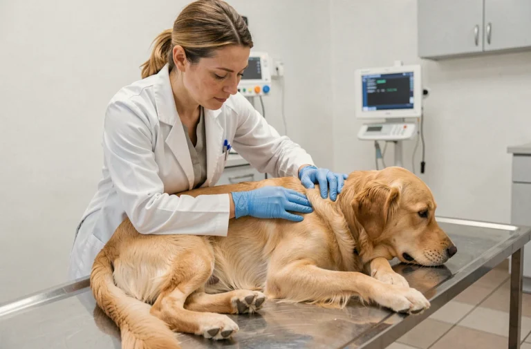 Vétérinaire examinant la zone anale d'un golden retriever sur une table d'examen en clinique vétérinaire
