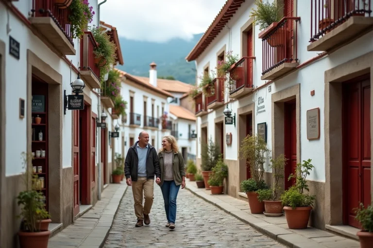Rue pittoresque du village frontalier de Dancharia en Espagne avec des bâtiments basques traditionnels et un couple de touristes se promenant