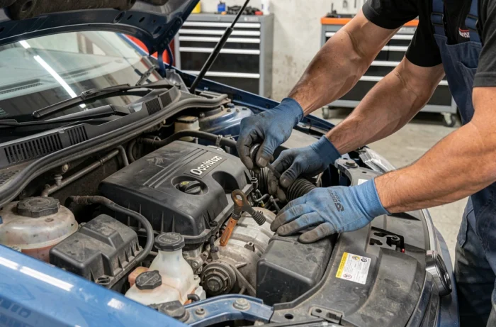Meccanico che esegue la manutenzione del motore di una Volkswagen Polo 6R in un garage
