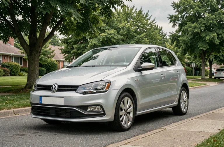 Volkswagen Polo 6R argent garée dans une rue résidentielle, vue avant trois-quarts