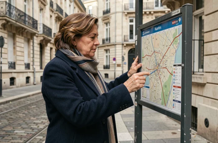 Voyageuse consultant le plan du tram à un arrêt de la ligne 2 à Nantes
