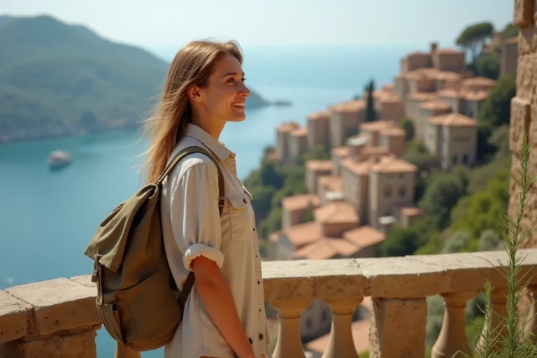 Voyageuse admirant un village méditerranéen depuis une terrasse en pierre avec vue panoramique sur la côte