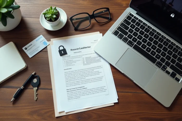 Vue aérienne d'un bureau avec documents officiels et coffre-fort numérique sécurisé sur ordinateur portable pour archivage en ligne