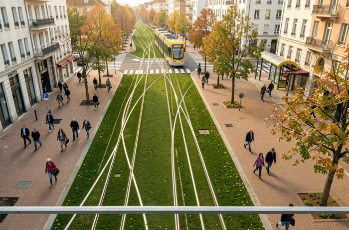 Vue aérienne de la voie du tram ligne 2 traversant une place piétonne animée de Nantes